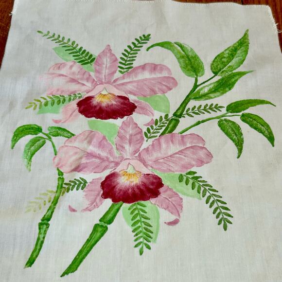 Vintage Hand Painted floral Pink Iris Artwork on Cotton - Picture 2 of 9